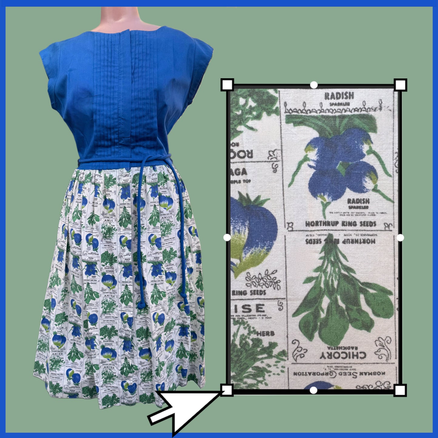 Vintage 1950’s Blue & White Gardening Themed Sun Dress