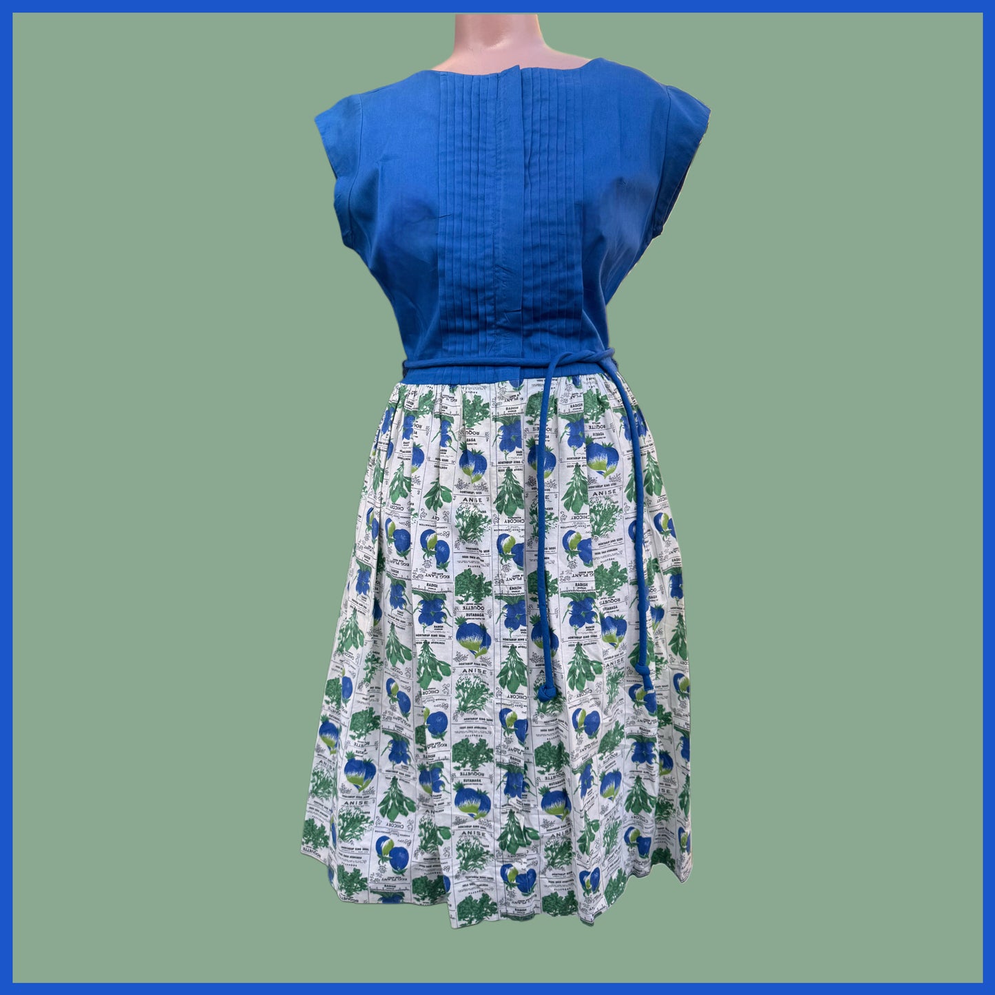 Vintage 1950’s Blue & White Gardening Themed Sun Dress