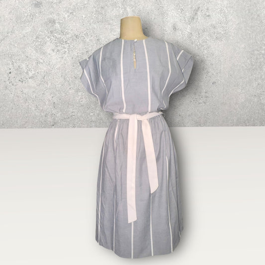 Vintage 1950’s Gray & White Striped Shirt Dress with White Waist Tie