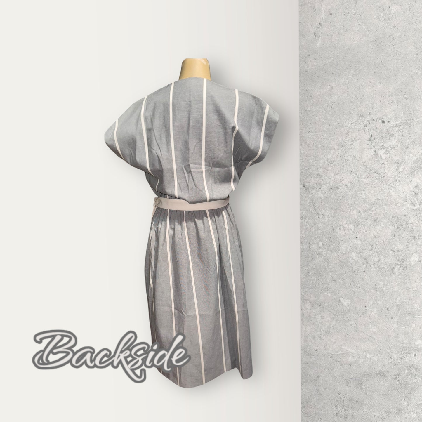 Vintage 1950’s Gray & White Striped Shirt Dress with White Waist Tie