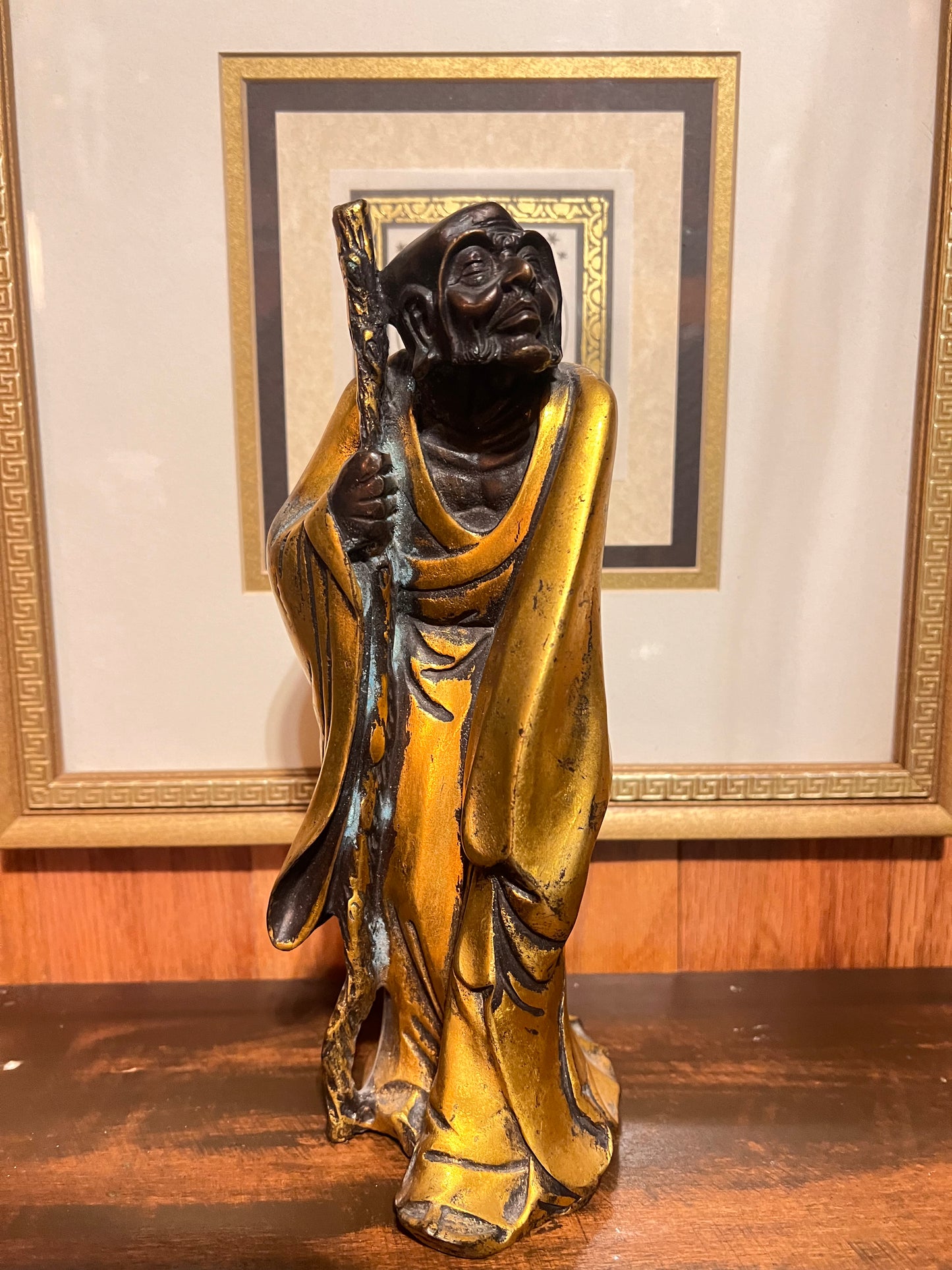 Antique 22k Gilded Bronze Bodhidharma Zen Buddhist Statue, 9-inches