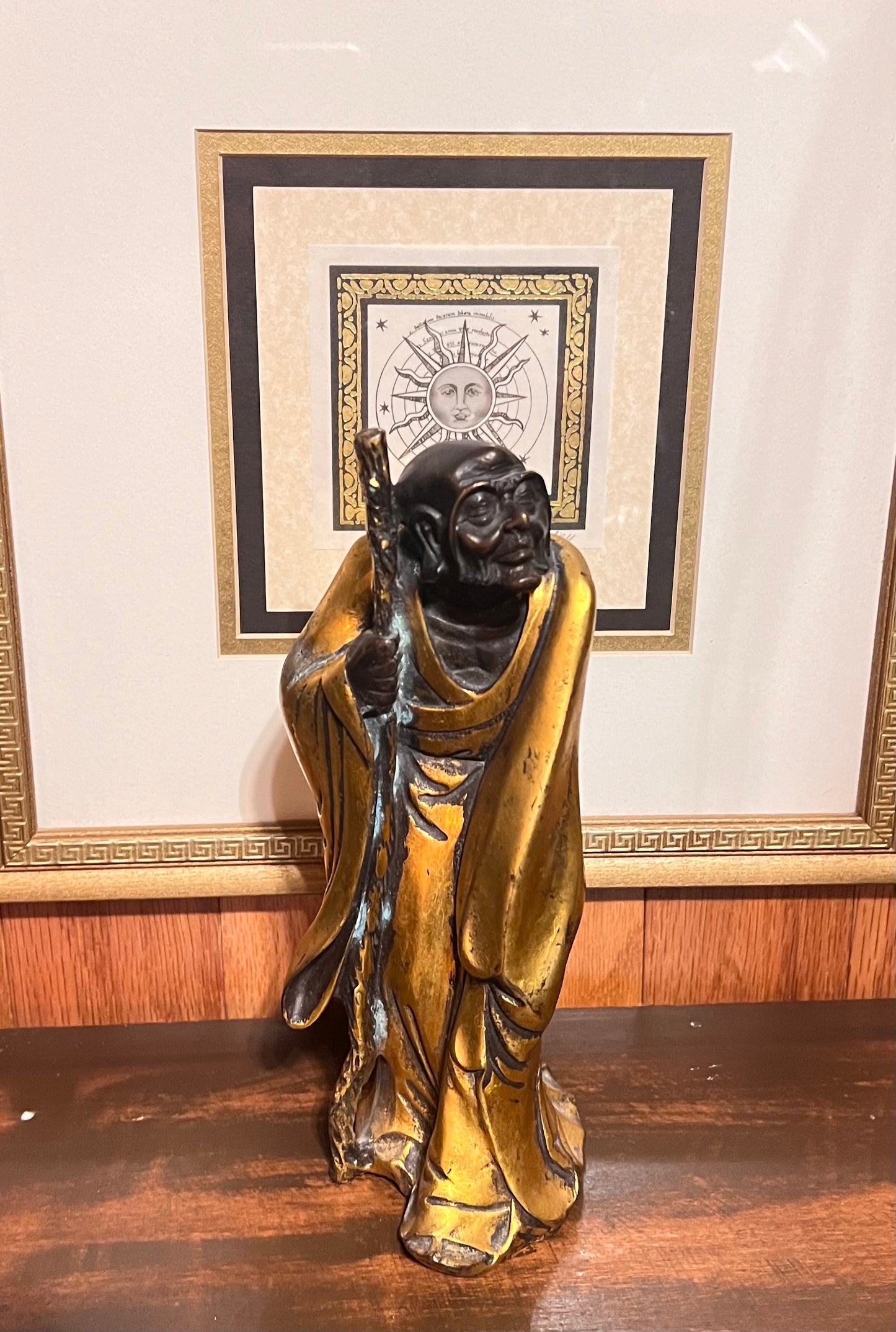 Antique 22k Gilded Bronze Bodhidharma Zen Buddhist Statue, 9-inches