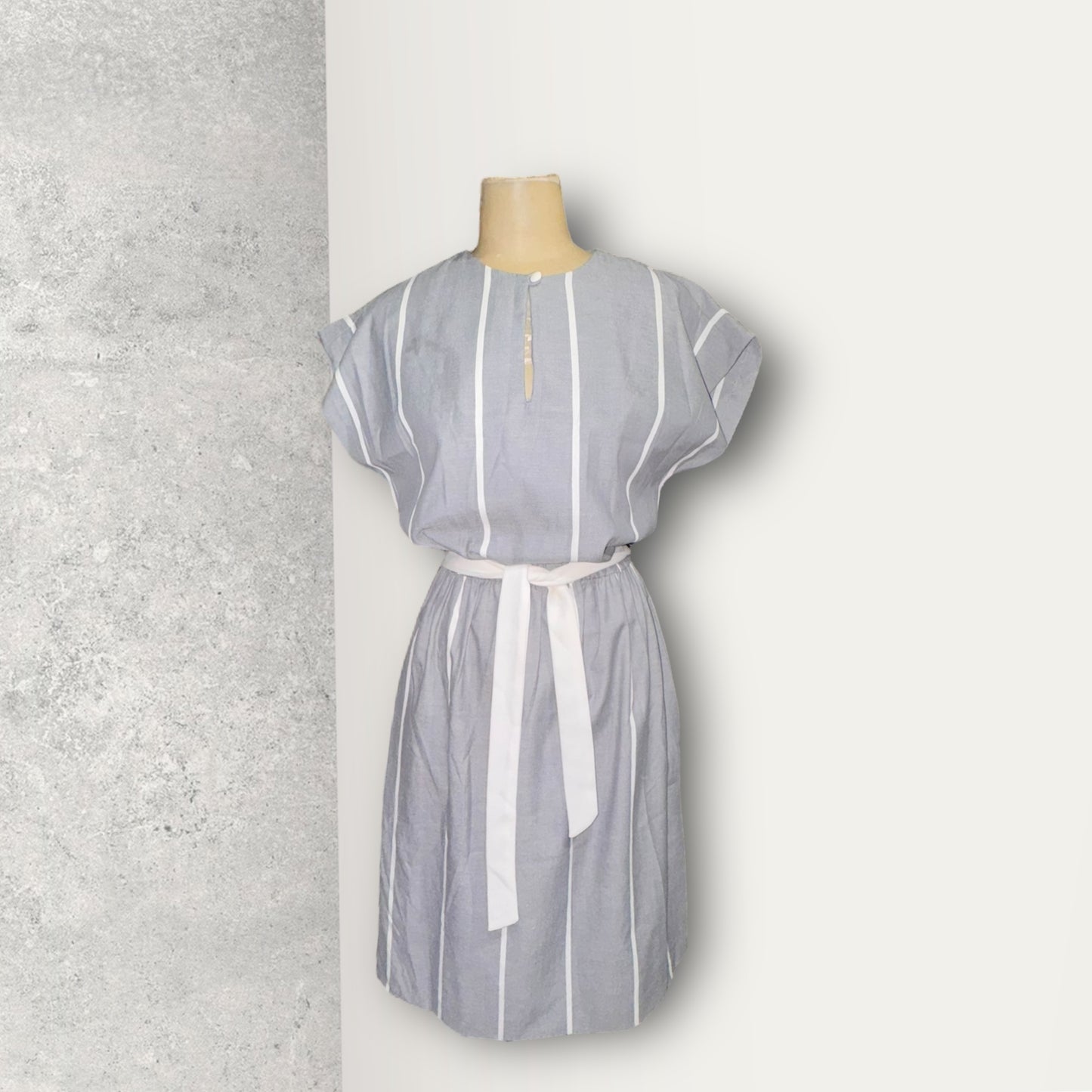 Vintage 1950’s Gray & White Striped Shirt Dress with White Waist Tie