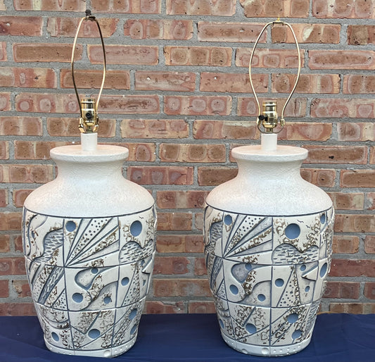 Vintage 1990’s Postmodern Ceramic Table Lamps with Sculptural Relief in Ivory & Blue