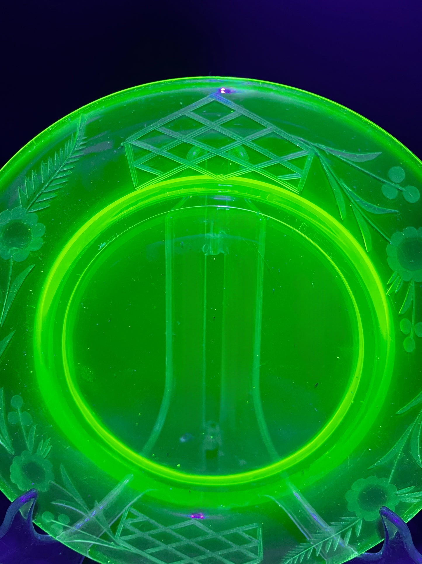 Rare Vintage Etched Uranium Glass Salad Plate - UV Reactive Glowing Depression Glassware