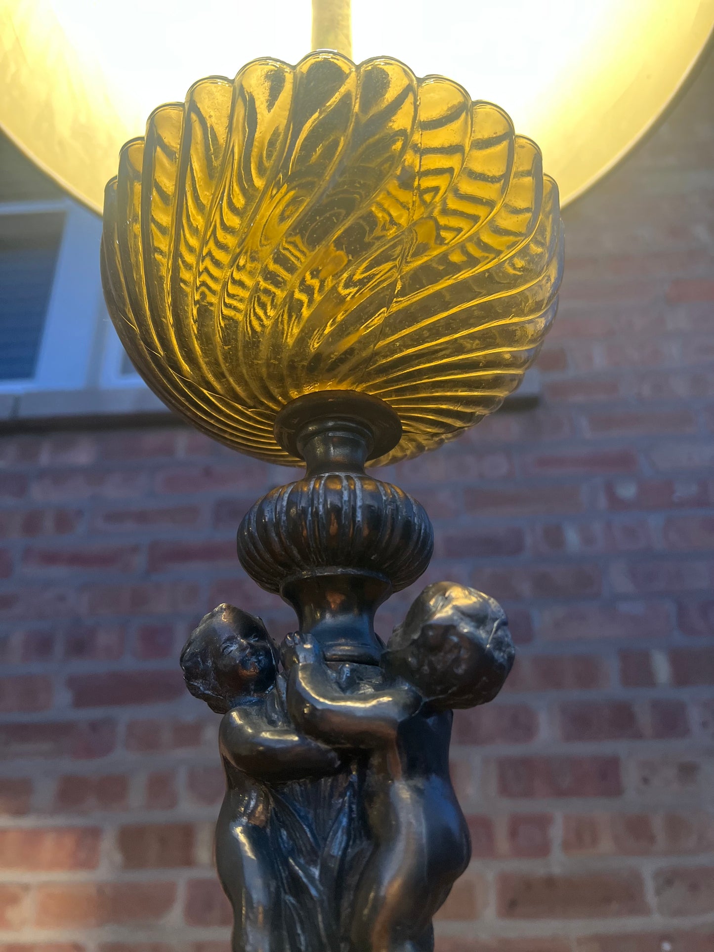 Vintage Pair of Hollywood Regency & Art Nouveau Style Smoked Glass & Brass Cherubs Table Lamps