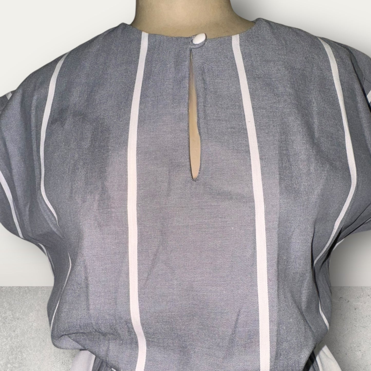 Vintage 1950’s Gray & White Striped Shirt Dress with White Waist Tie