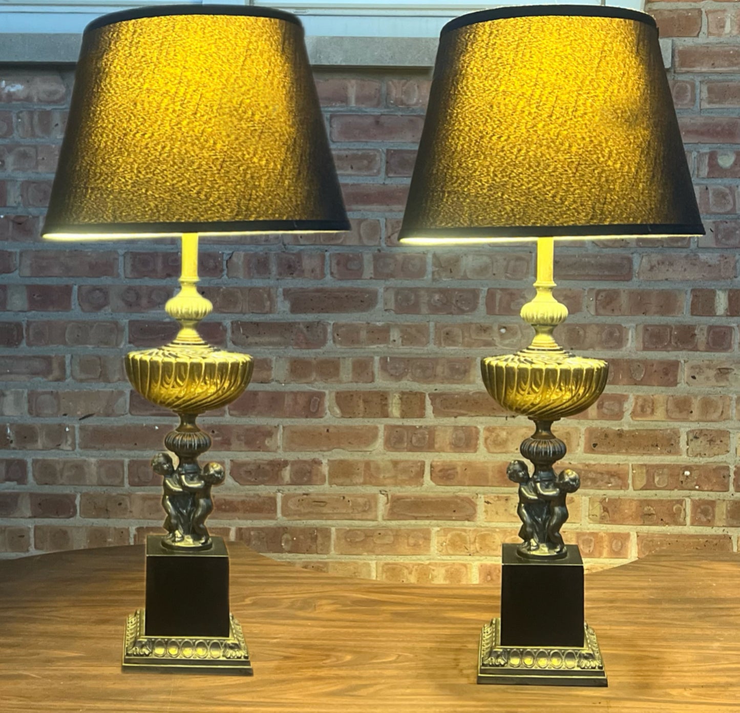 Vintage Pair of Hollywood Regency & Art Nouveau Style Smoked Glass & Brass Cherubs Table Lamps