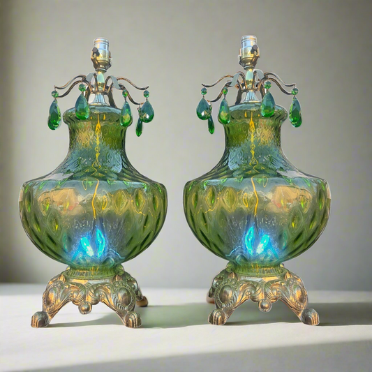 Vintage Pair of Green Mid-Century Modern 3-Way Rippled Glass Table Lamps with Crown of Hanging Teardrop Crystals