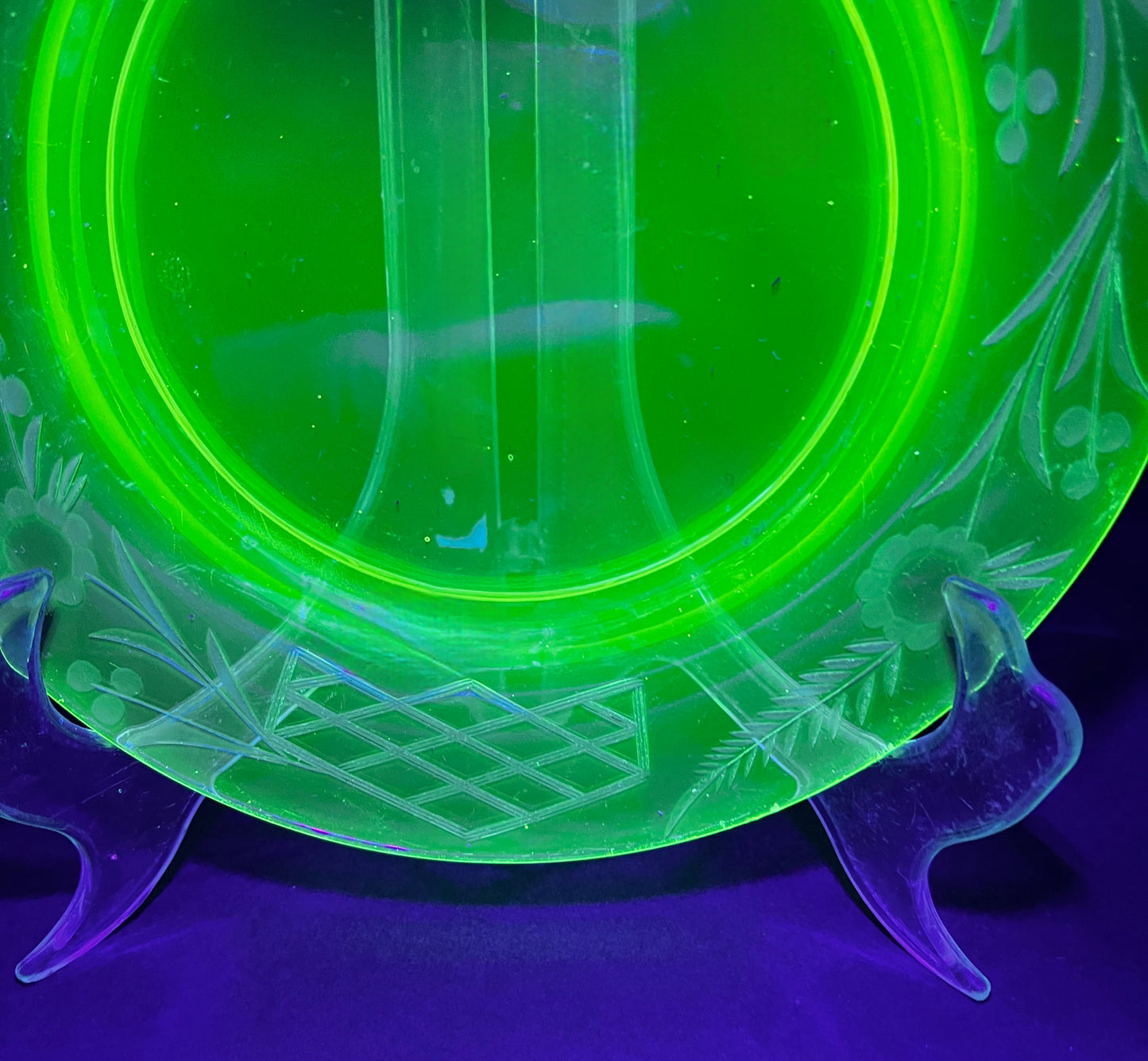 Rare Vintage Etched Uranium Glass Salad Plate - UV Reactive Glowing Depression Glassware