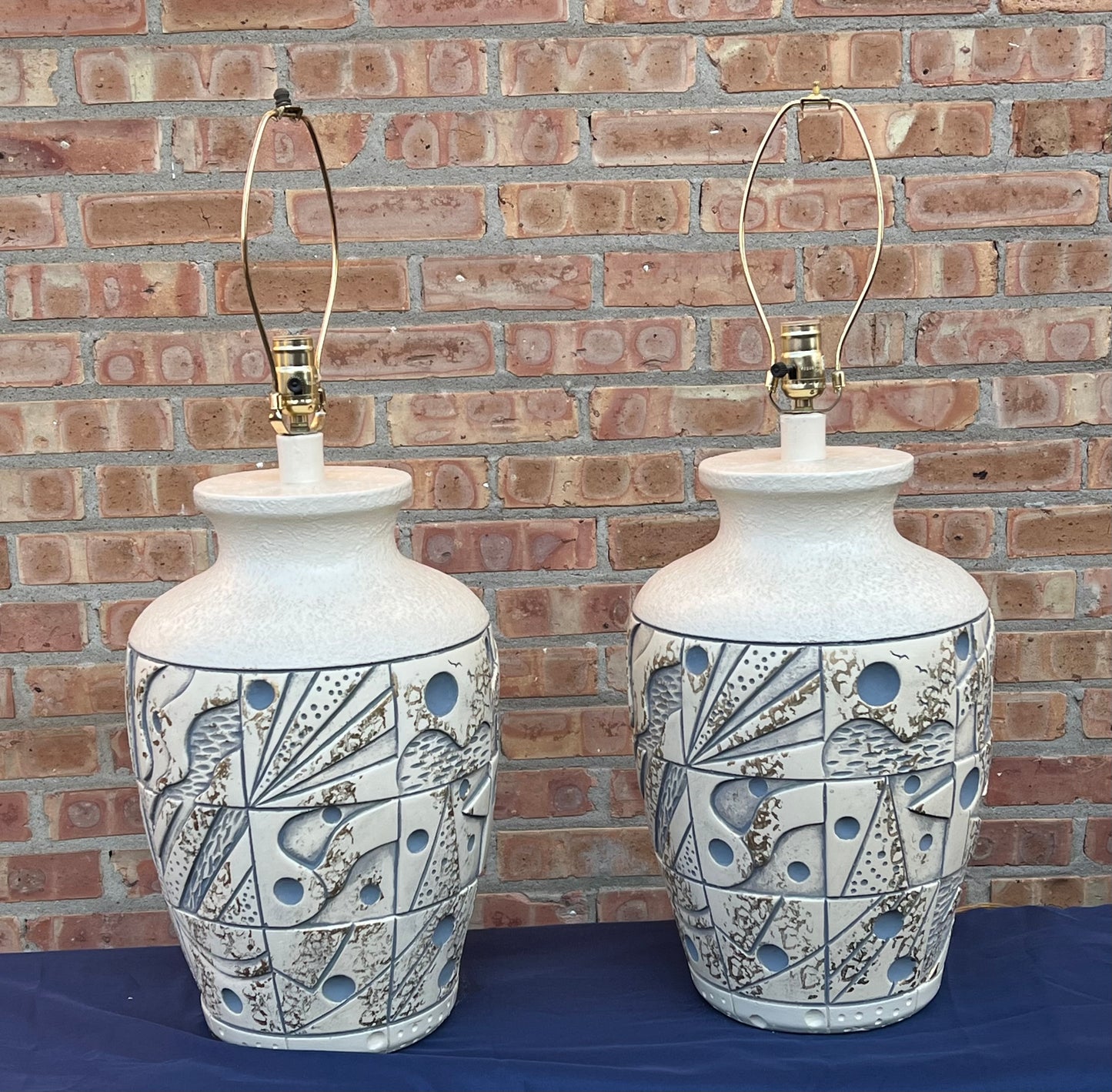 Vintage 1990’s Postmodern Ceramic Table Lamps with Sculptural Relief in Ivory & Blue