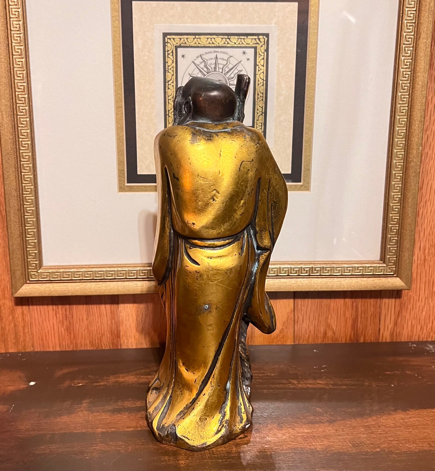 Antique 22k Gilded Bronze Bodhidharma Zen Buddhist Statue, 9-inches