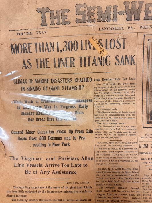 Authentic April 17, 1912 Titanic Newspaper: “MORE THAN 1,300 LIVES LOST AS THE LINER TITANIC SANK”