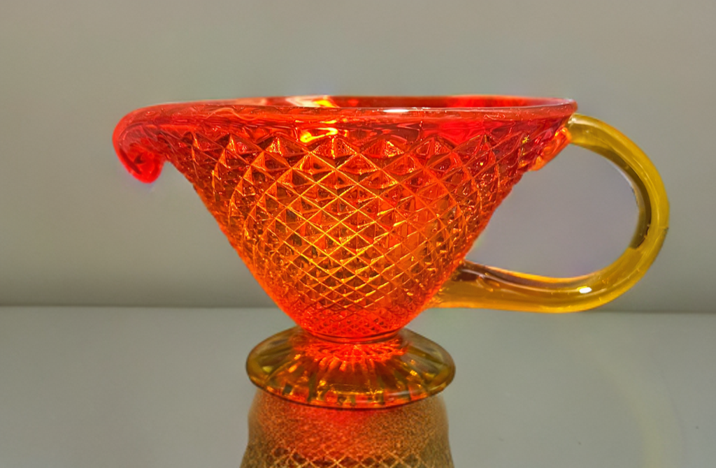 Vintage Jeanette Glass Diamond Point Amberina Footed Pitcher