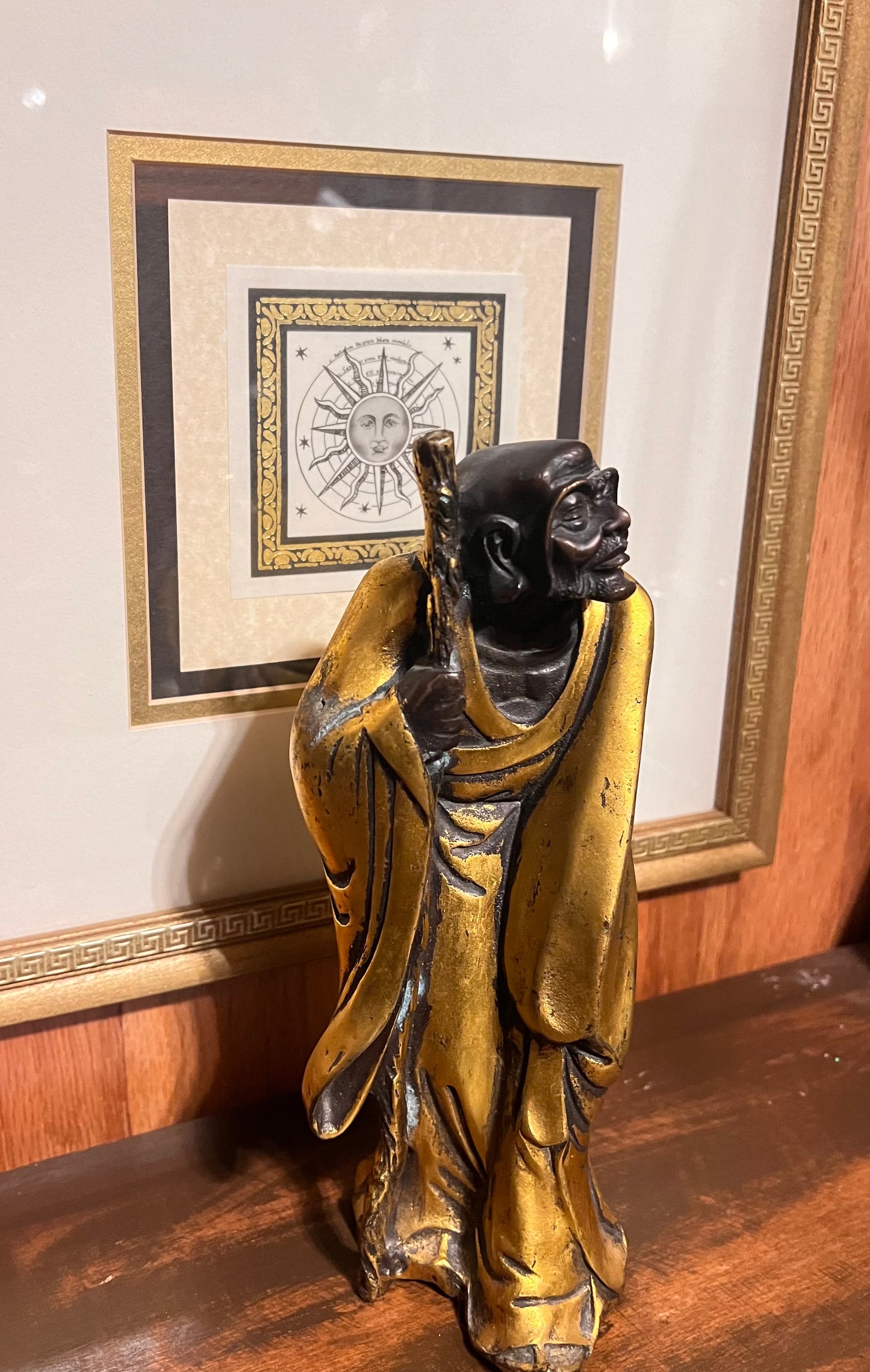 Antique 22k Gilded Bronze Bodhidharma Zen Buddhist Statue, 9-inches