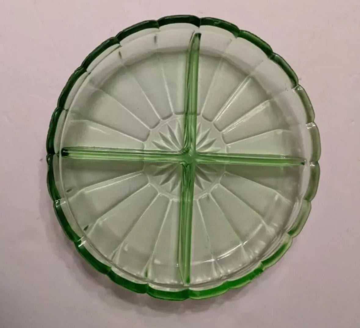 Vintage Hazel Atlas ‘Ribbon’ Green Uranium Depression Glass Divided Relish Tray