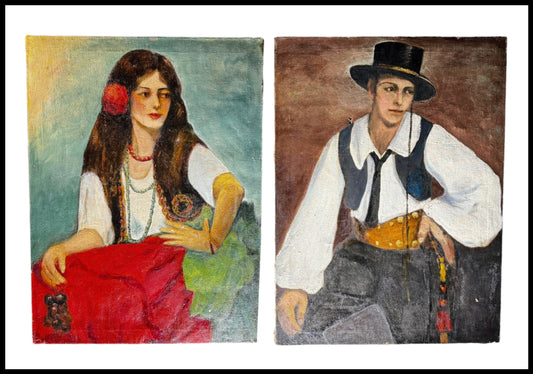 Matching 1931 Oil Painting Portraits of Italian Man & Woman - Set of 2