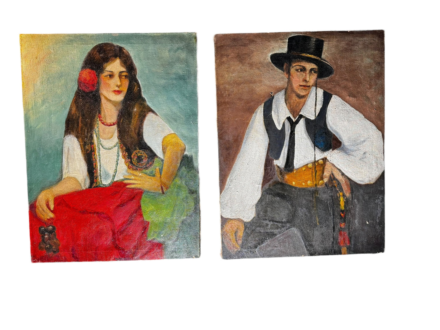 Matching 1931 Oil Painting Portraits of Italian Man & Woman - Set of 2