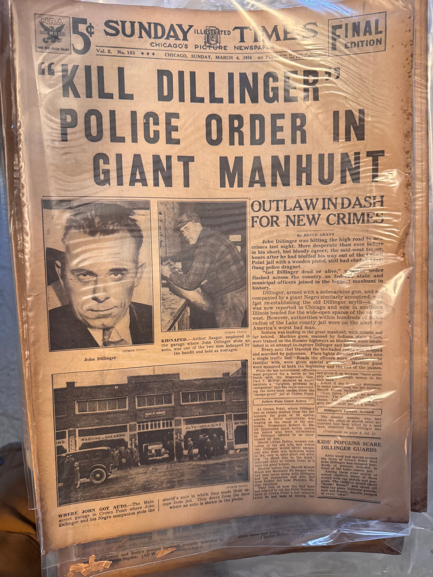 Authentic “KILL DILLINGER” March 1934 John Dillinger Bank Robber Newspaper Headline