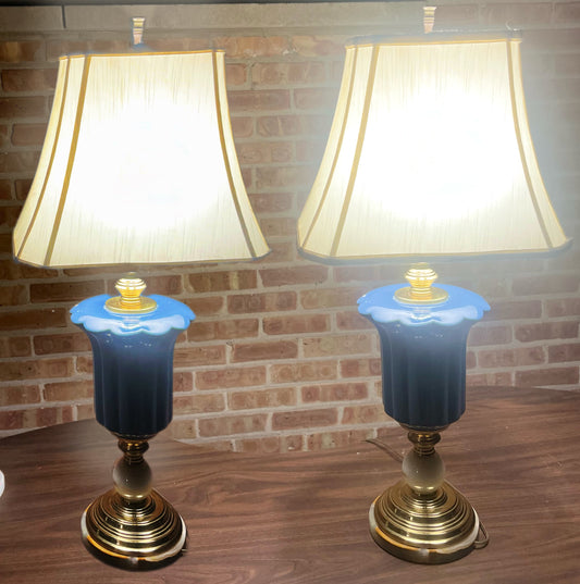 Vintage Pair of Mid-Century Modern Style Blue Ceramic & Onyx Table Lamps