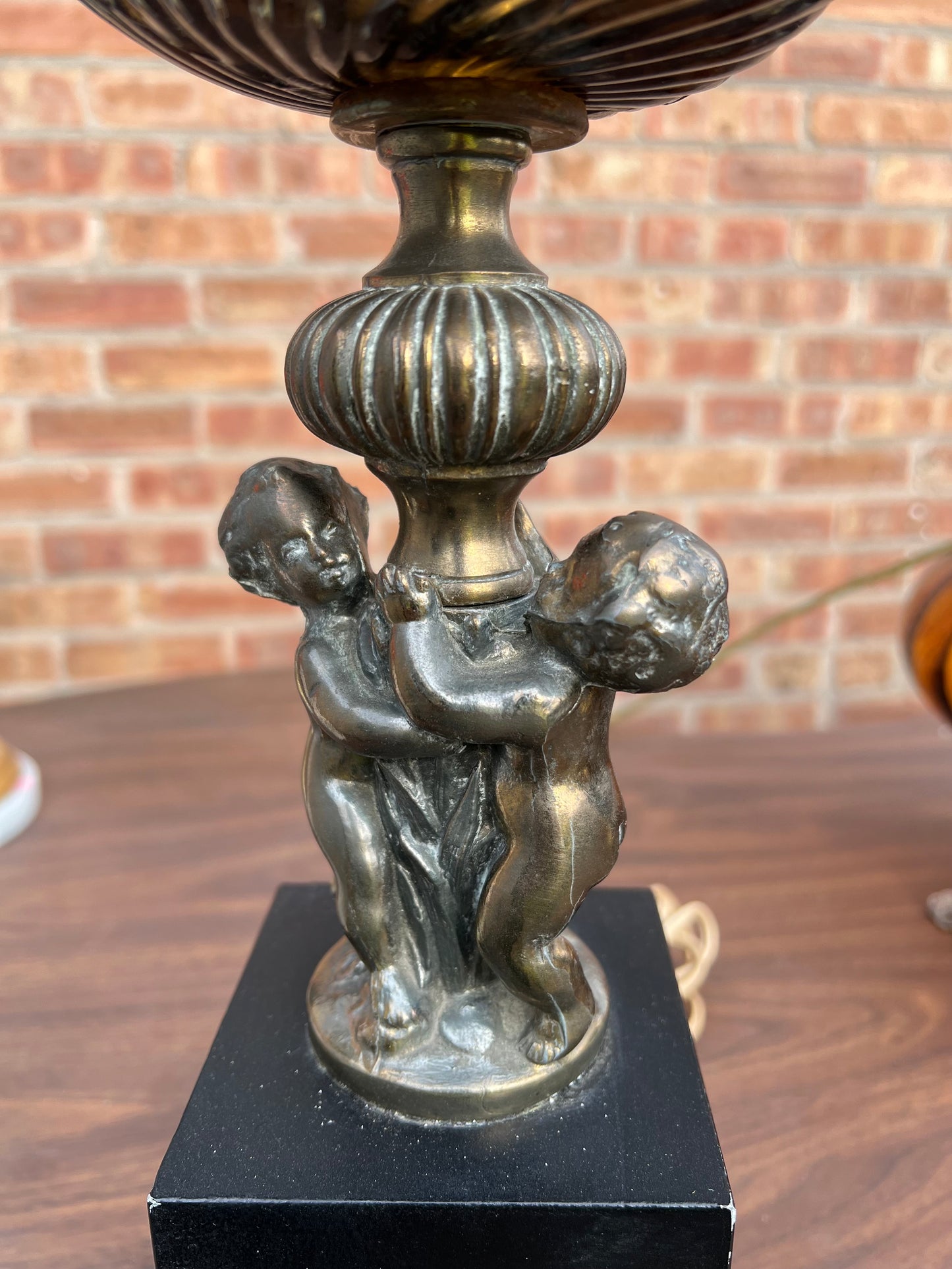 Vintage Pair of Hollywood Regency & Art Nouveau Style Smoked Glass & Brass Cherubs Table Lamps