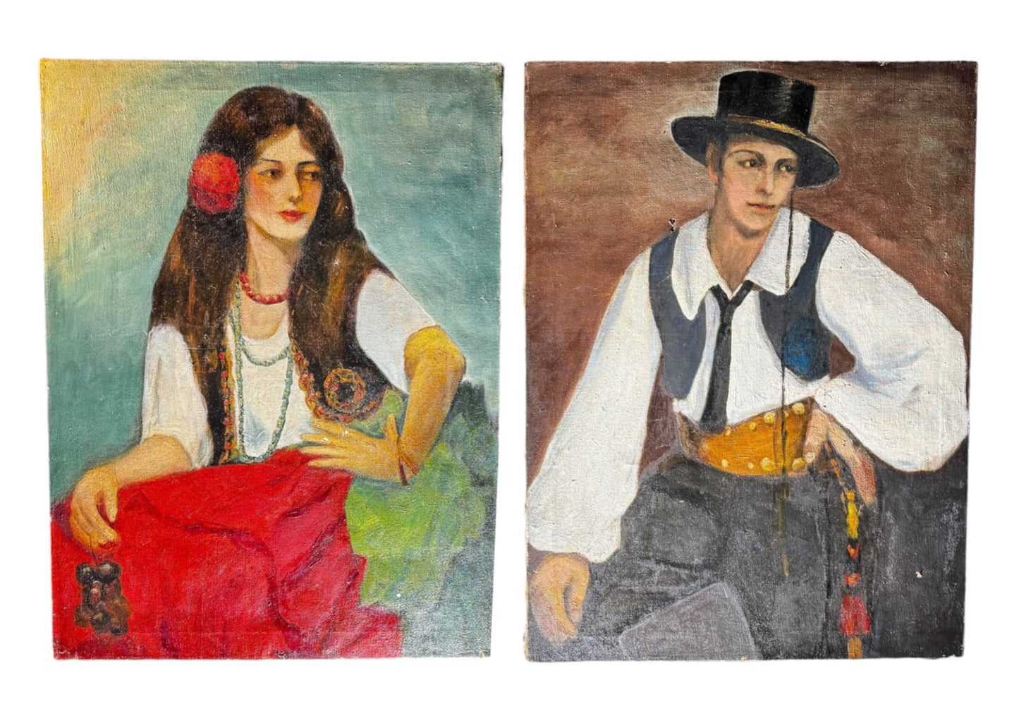 Matching 1931 Oil Painting Portraits of Italian Man & Woman - Set of 2