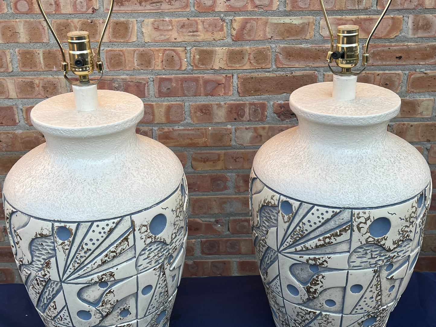 Vintage 1990’s Postmodern Ceramic Table Lamps with Sculptural Relief in Ivory & Blue