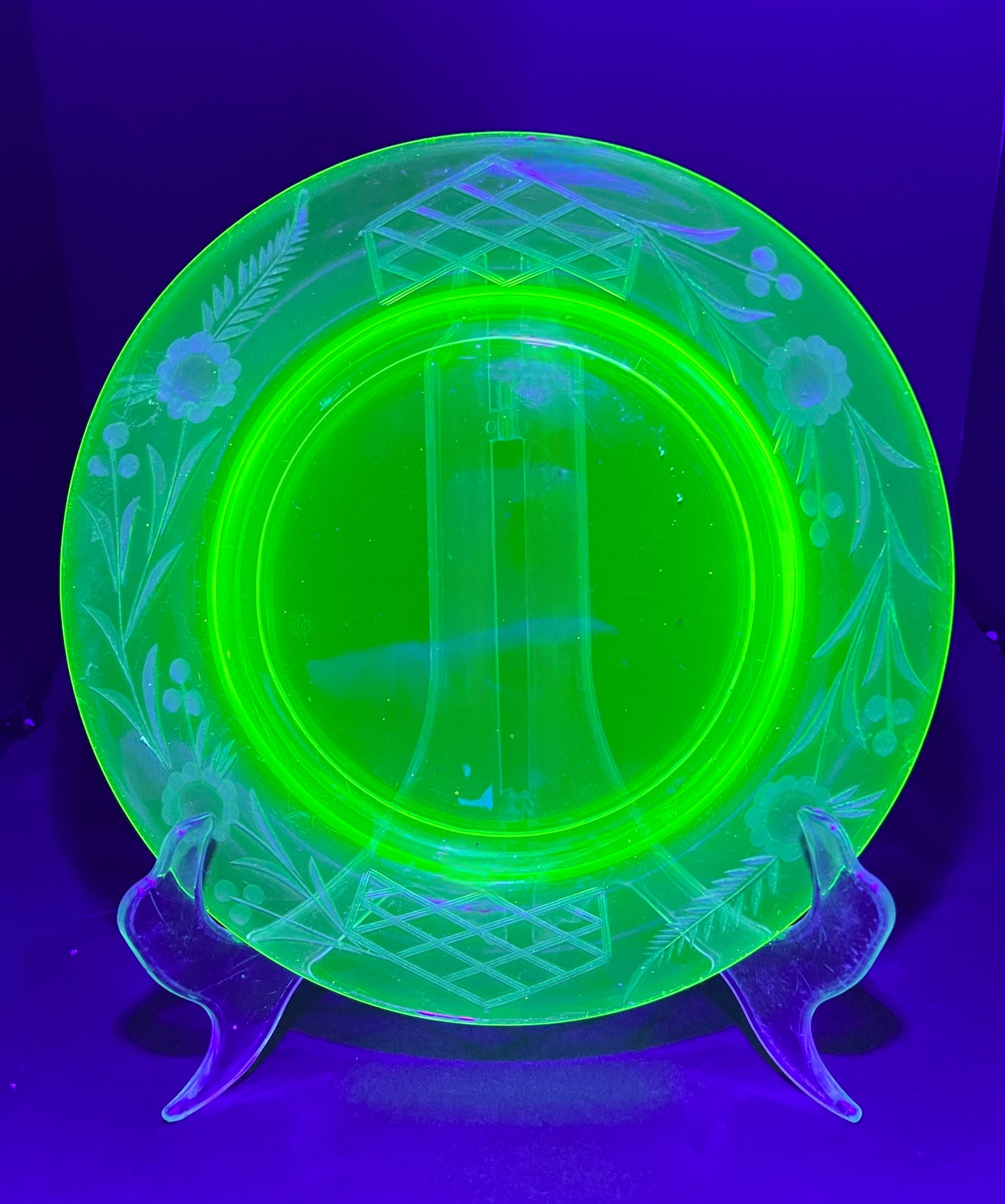 Rare Vintage Etched Uranium Glass Salad Plate - UV Reactive Glowing Depression Glassware