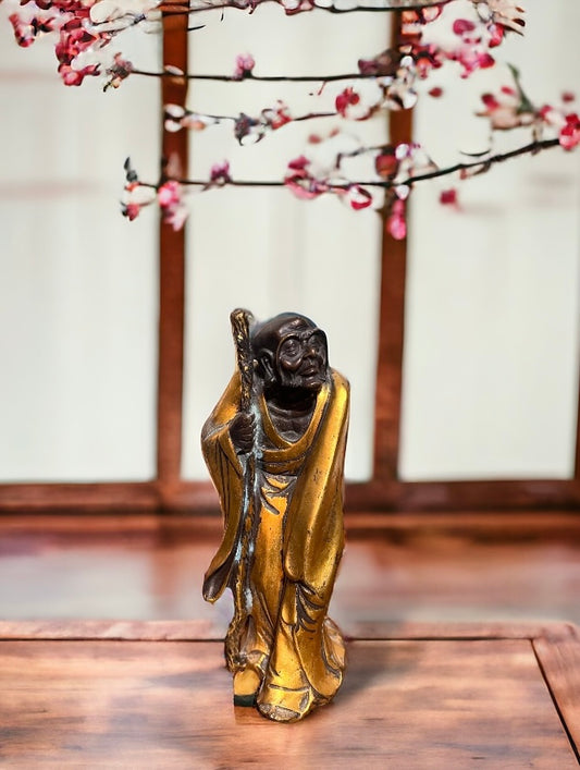 Antique 22k Gilded Bronze Bodhidharma Zen Buddhist Statue, 9-inches